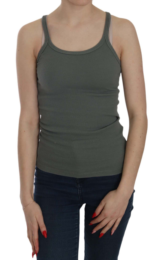 Elegant Round Neck Sleeveless Green Cotton Blouse