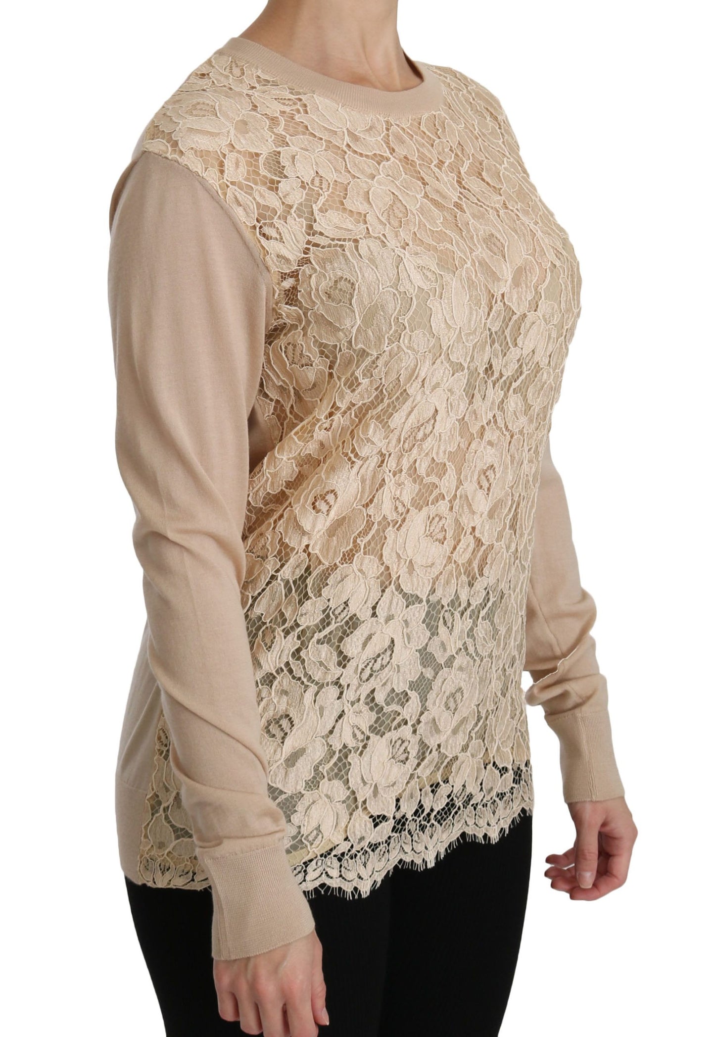 Elegant Beige Lace Crew Neck Cashmere Blouse