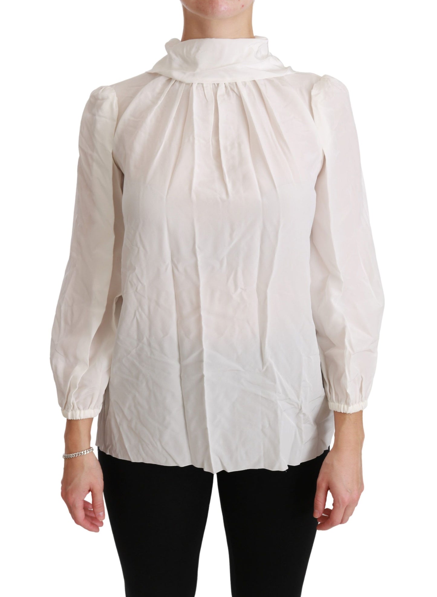 Elegant White Silk Turtle Neck Blouse