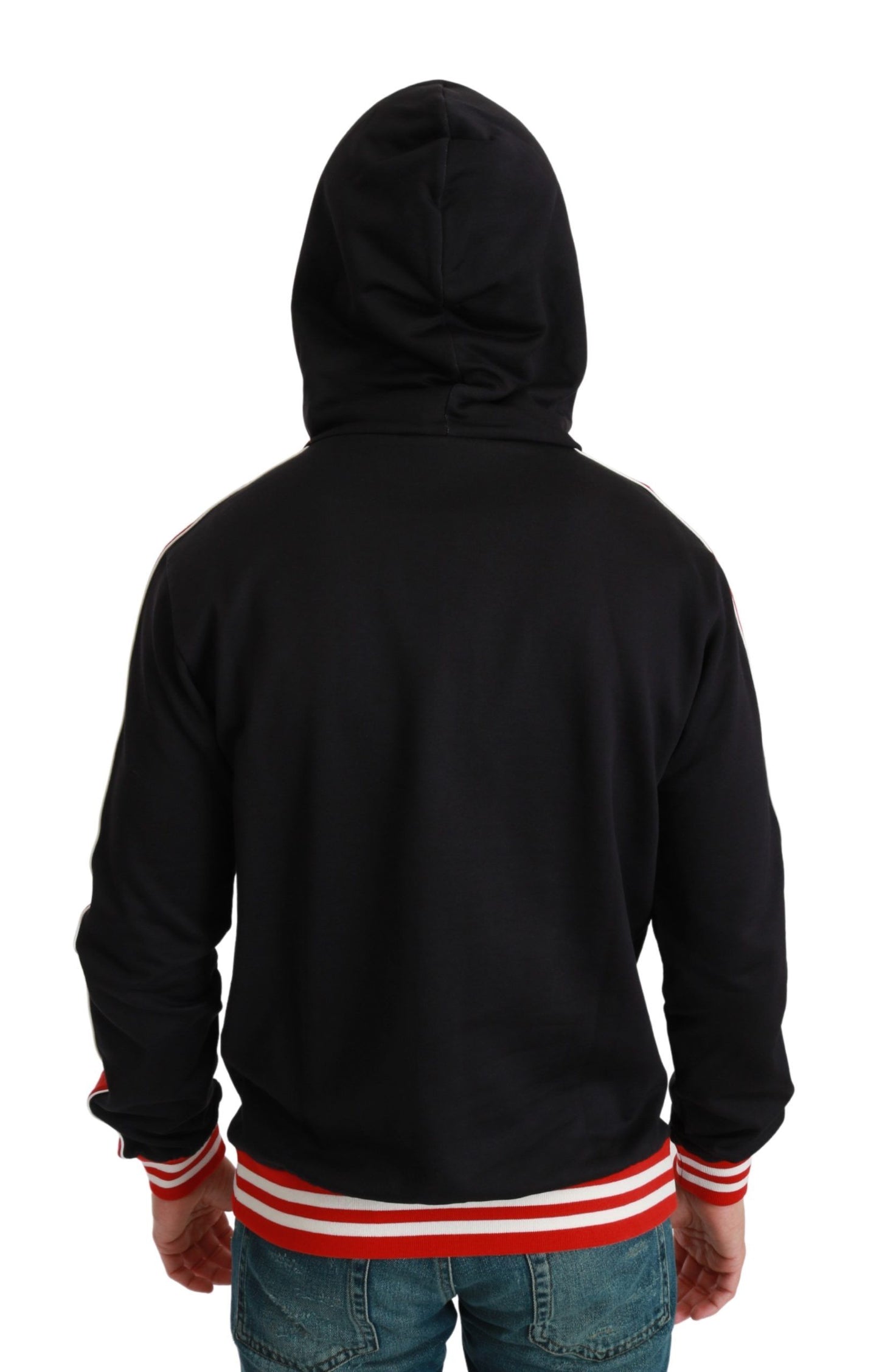 Elegant Black Hooded Sweater with Multicolor Motif