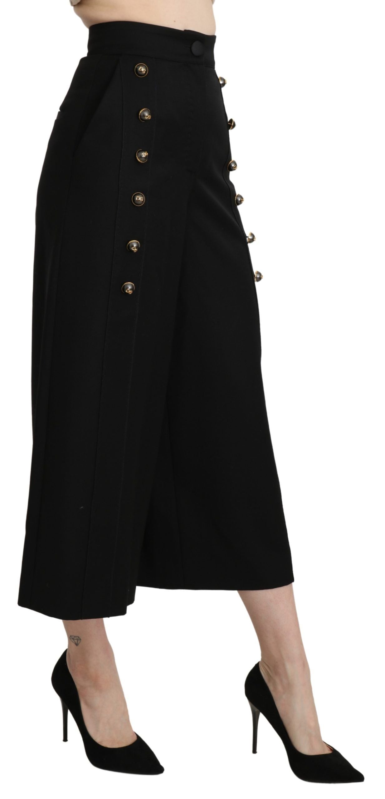 Elegant High Waist Wide Leg Virgin Wool Trousers