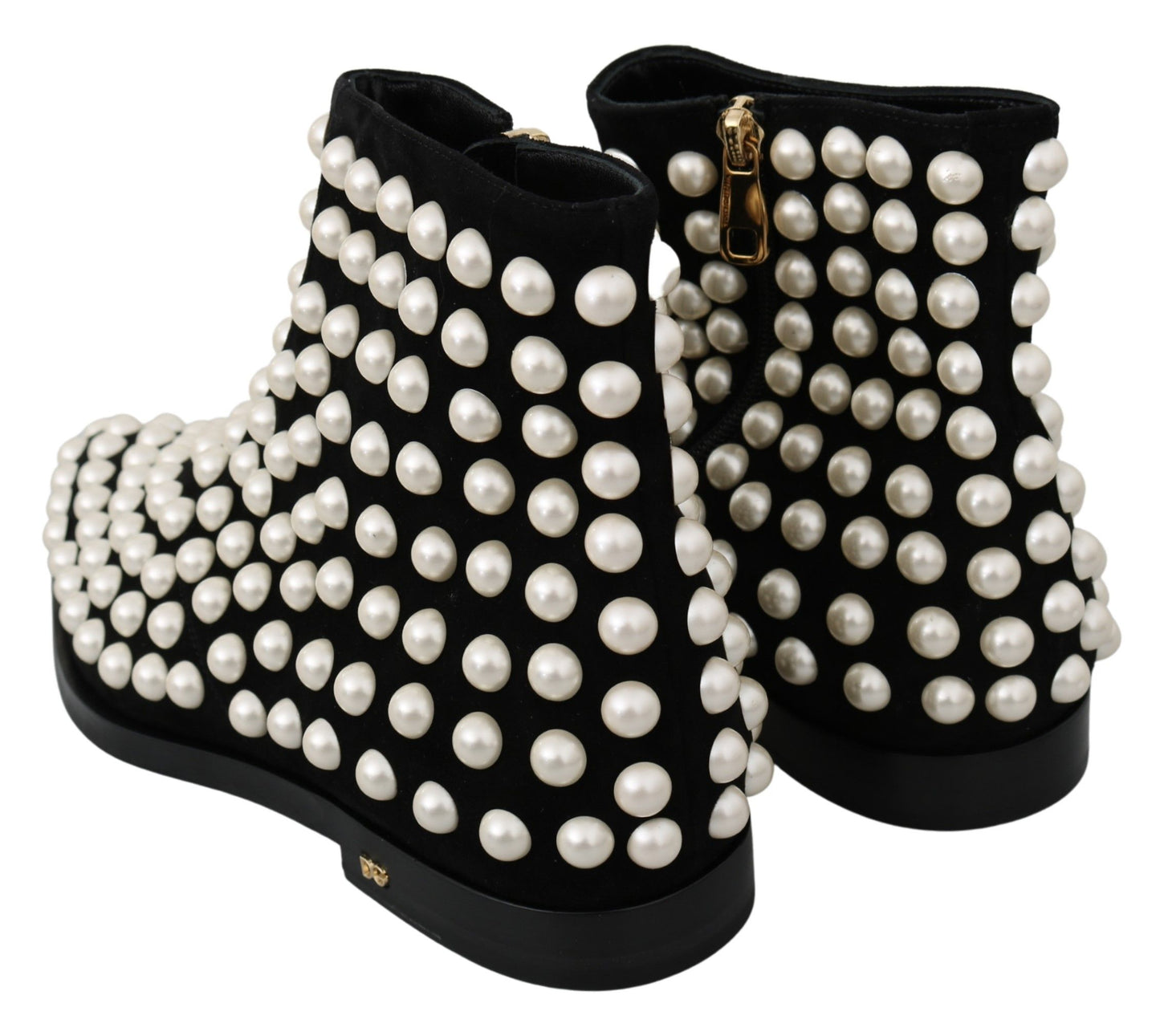 Chic Black Suede Ankle Boots with Pearls