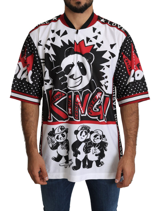 Chic White King Panda Print Zipper Collar Tee