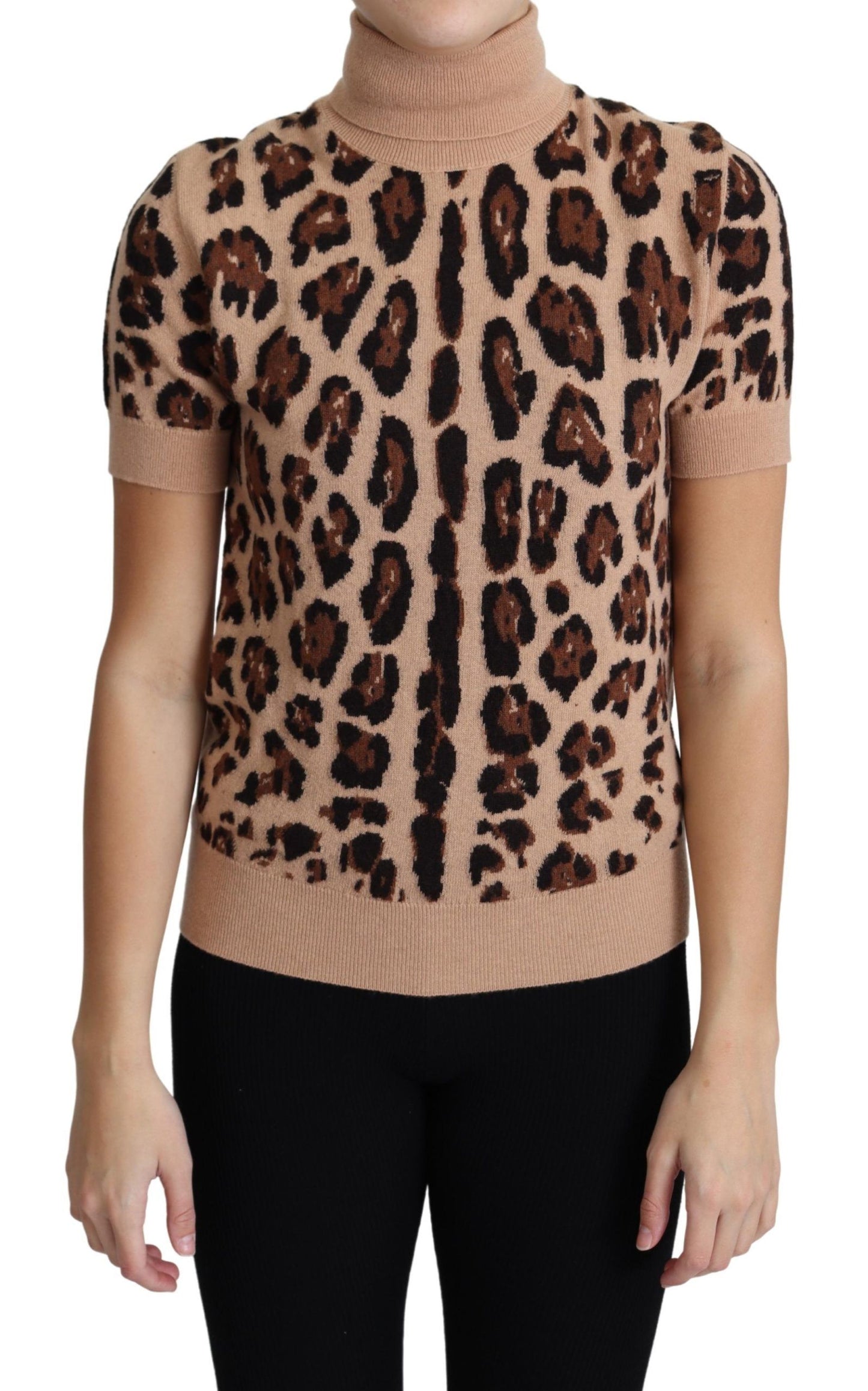 Elegant Leopard Print Wool Turtleneck Top