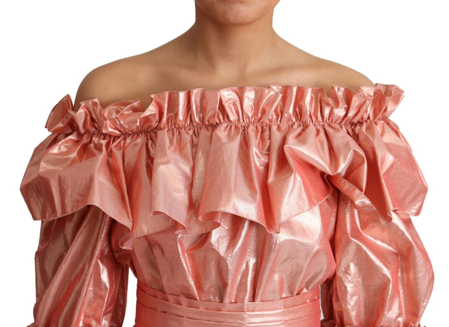 Pink Metallic Ruffled Gown Elegance