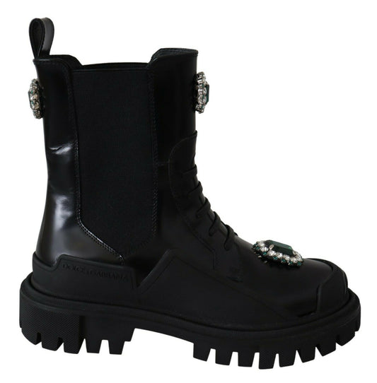 Elegant Black Leather Combat Boots with Crystal Detail