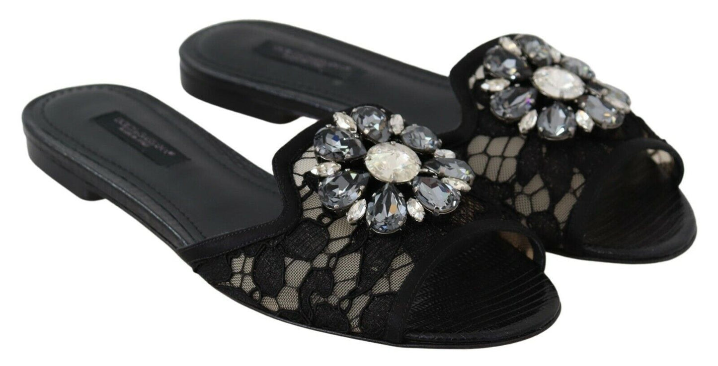 Elegant Black Lace Mules with Jewel Flower Detail