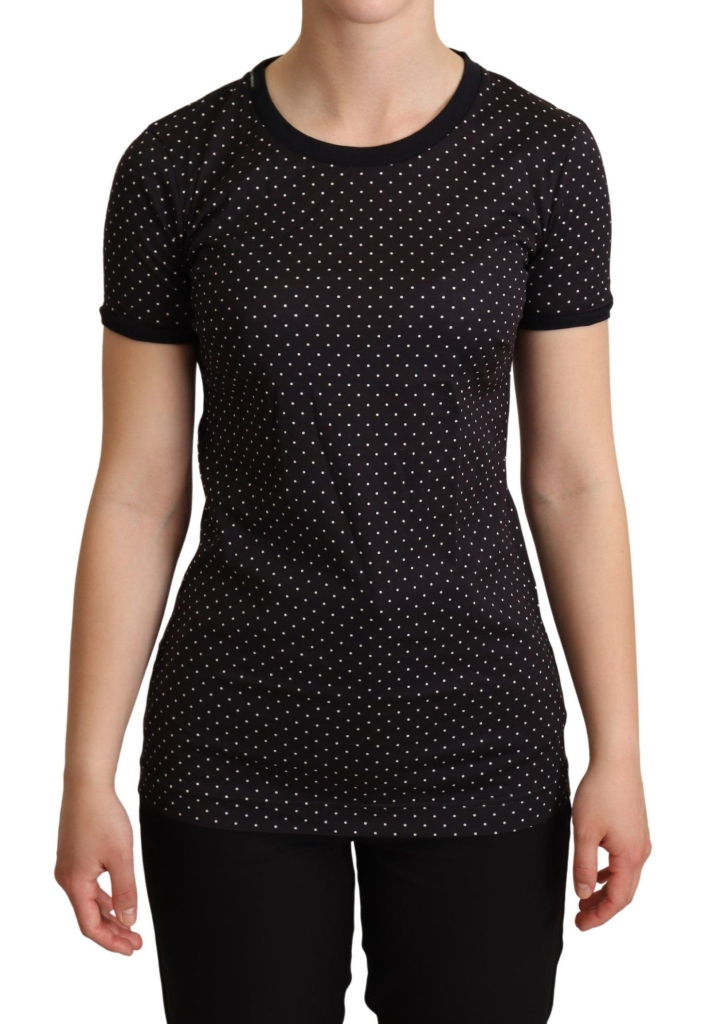 Polka Dotted Black Short Sleeve Crewneck Top