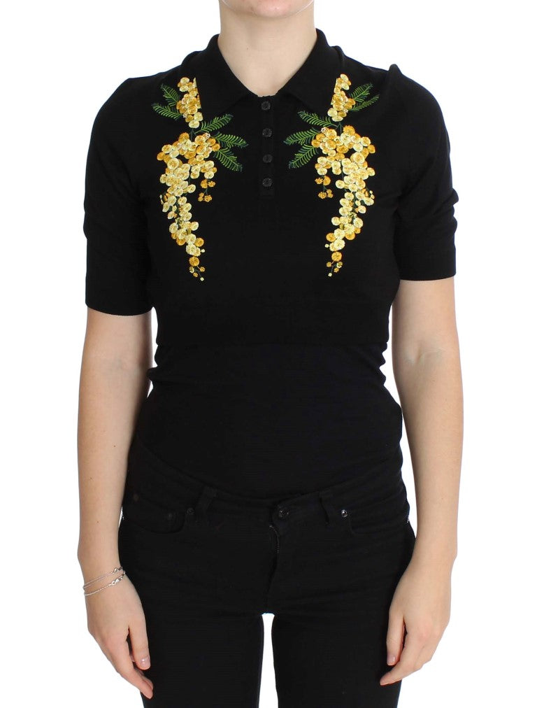 Elegant Black Silk Floral Polo Top