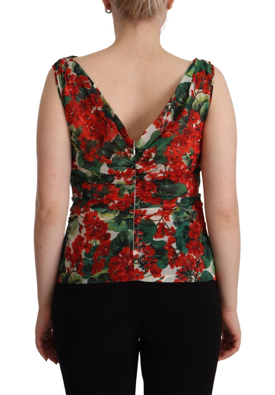 Elegant V-Neck Geranium Print Silk Tank Top