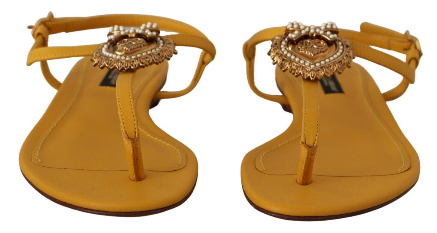 Mustard T-Strap Flat Sandals with Heart Embellishment