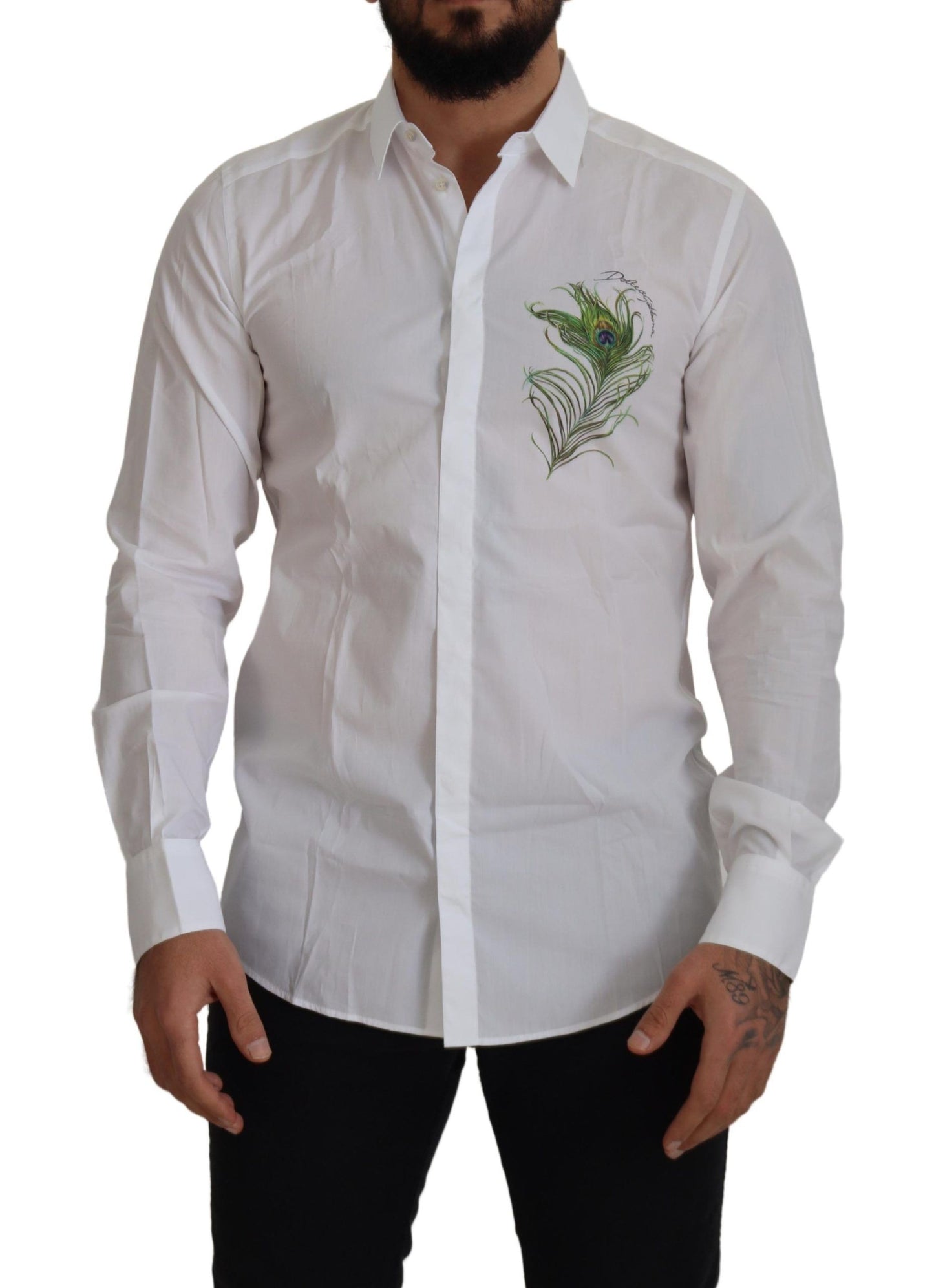 Elegant White Peacock Feather Dress Shirt