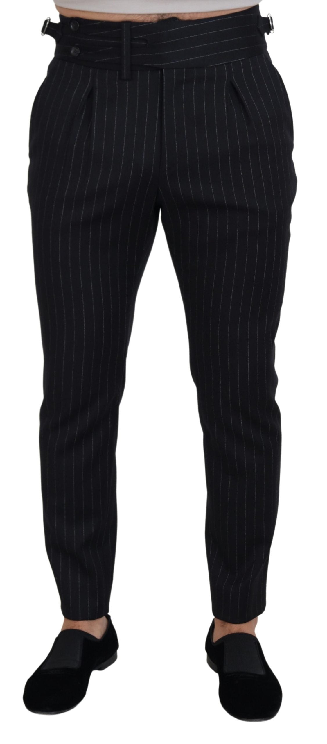 Elegant Black Striped Wool Blend Trousers