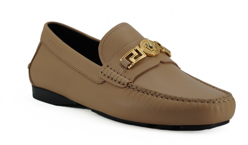 Exquisite Medusa Gold-Tone Leather Loafers