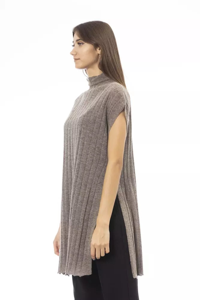 Brown Wool Women Sweater with Side Slits