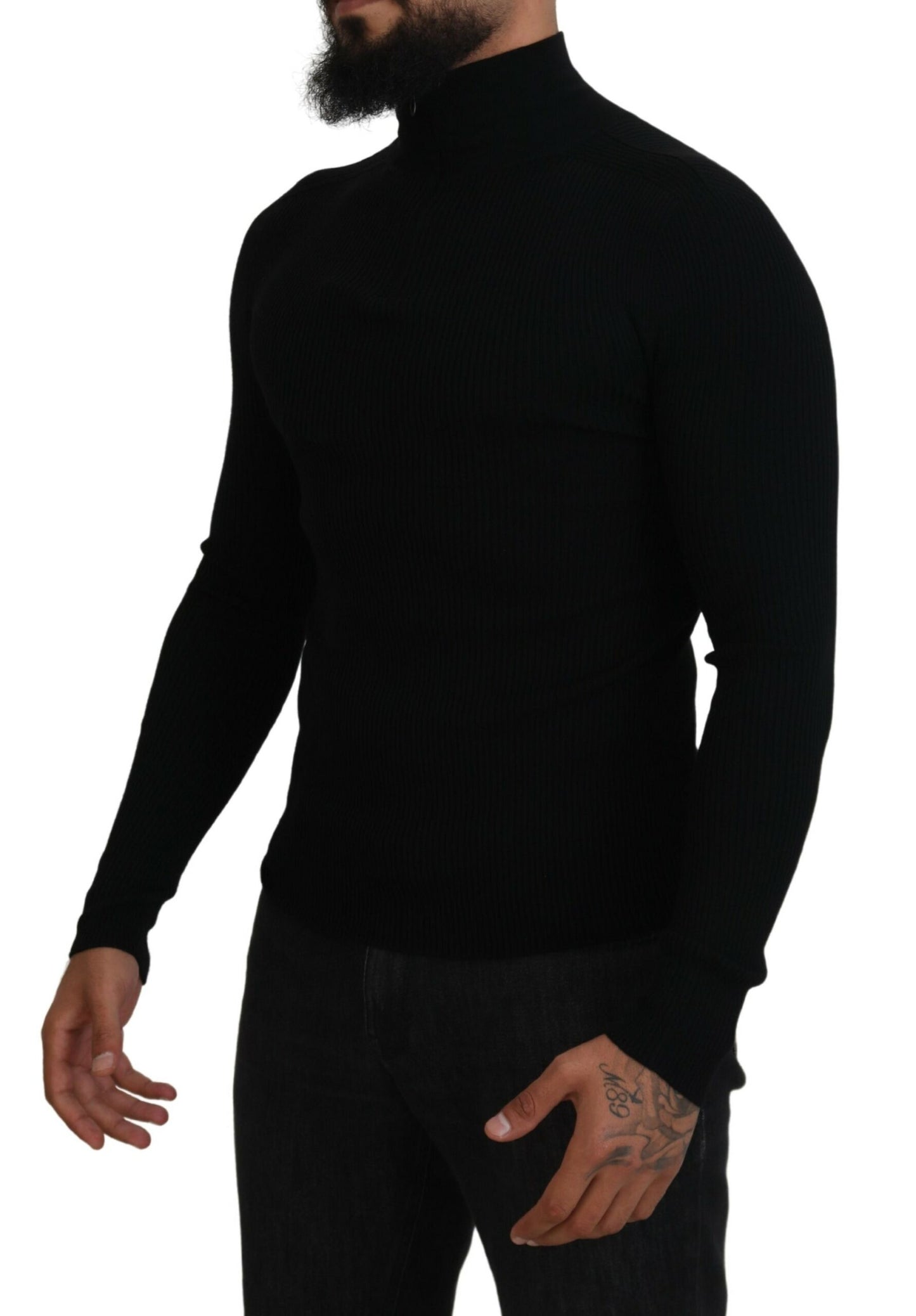 Elegant Black Wool Half Zip Turtleneck Sweater