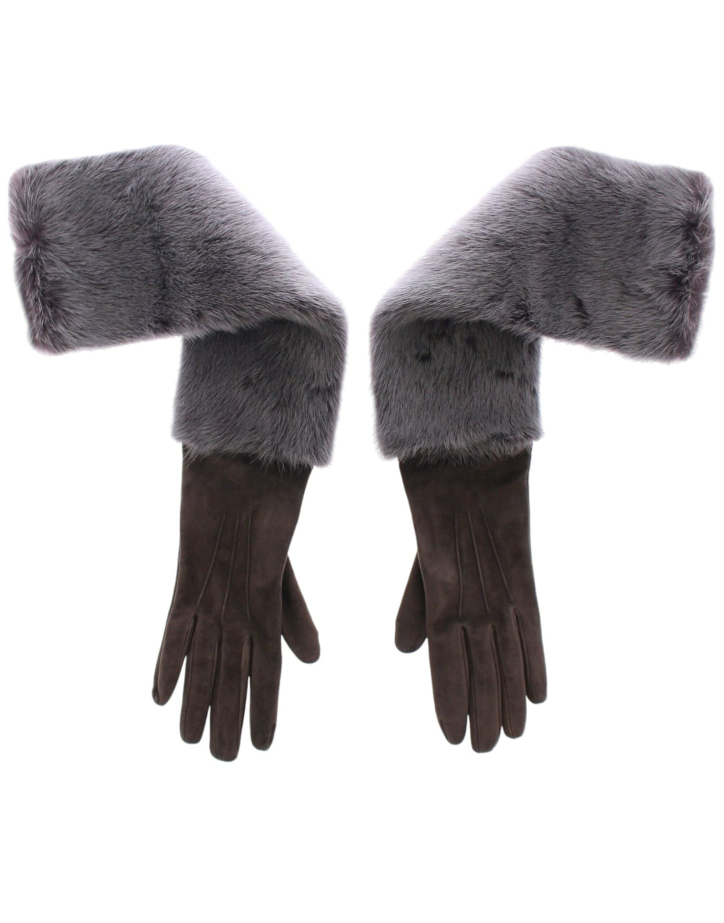 Elegant Gray Mink Fur Leather Elbow Gloves