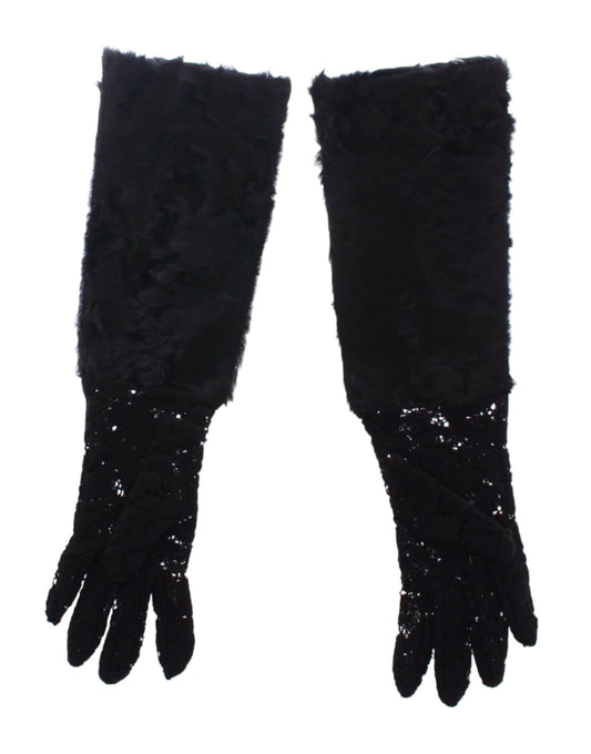 Black Wool Lace & Lamb Fur Elbow Gloves