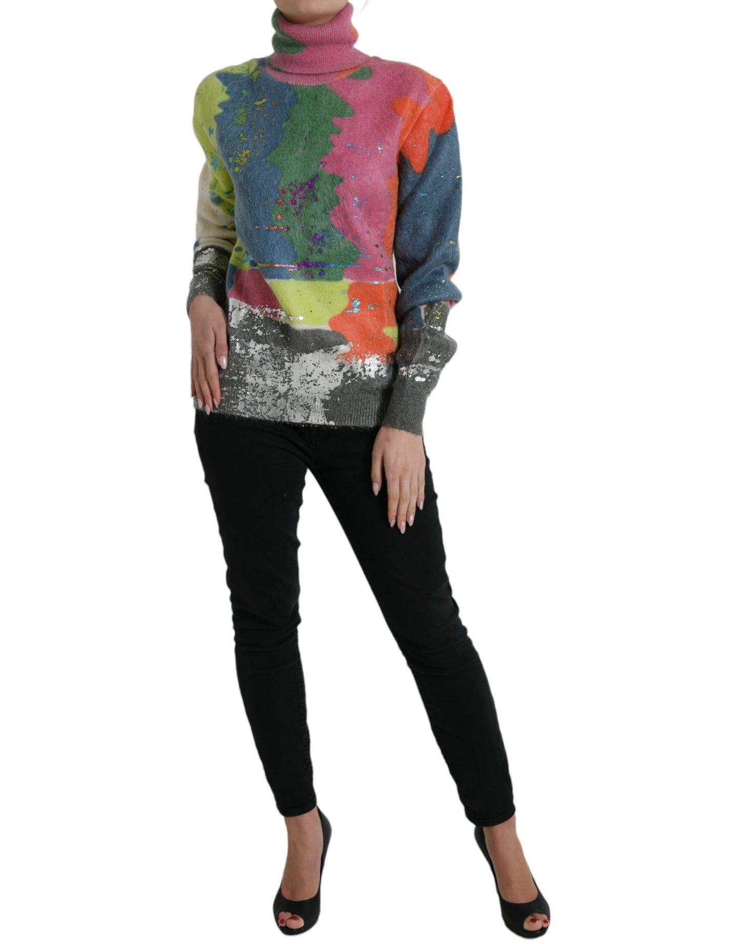 Multicolor Mohair Turtleneck Casual Sweater