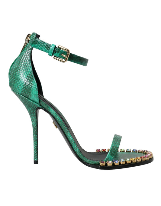 Green Exotic Leather Crystal Sandals Shoes