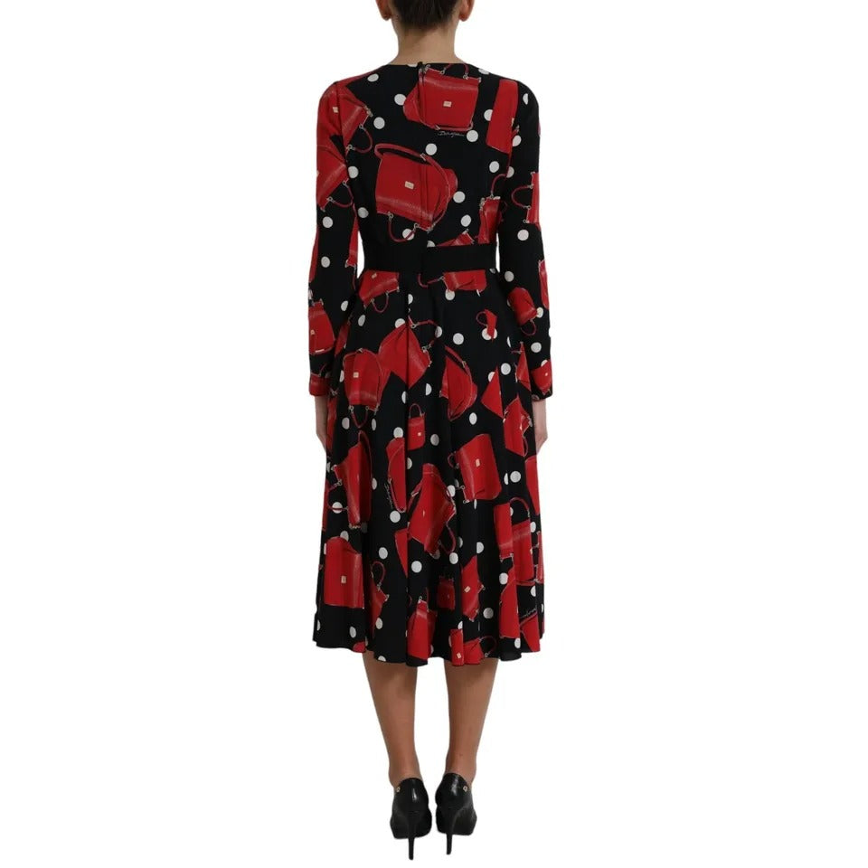 Black Sicily Bag Print Flared Midi Dress