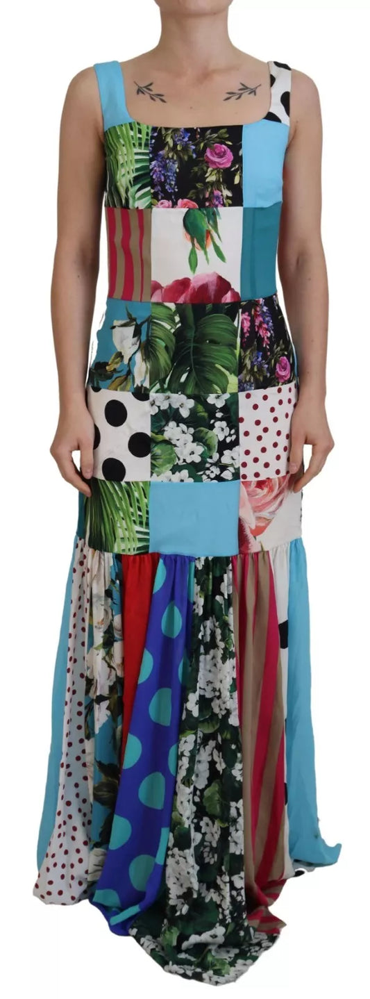 Silk Multicolor Patchwork Sheath Maxi Dress