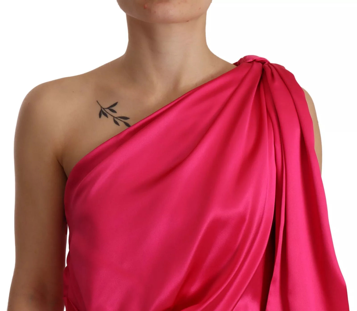 Silk Pink Fitted Cut One Shoulder Midi Dress