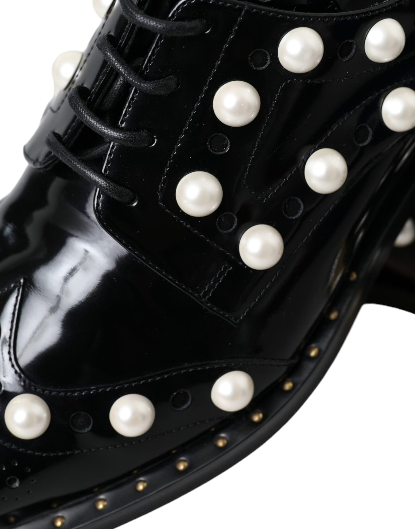 Black Leather Faux Pearl Dress Broque Shoes