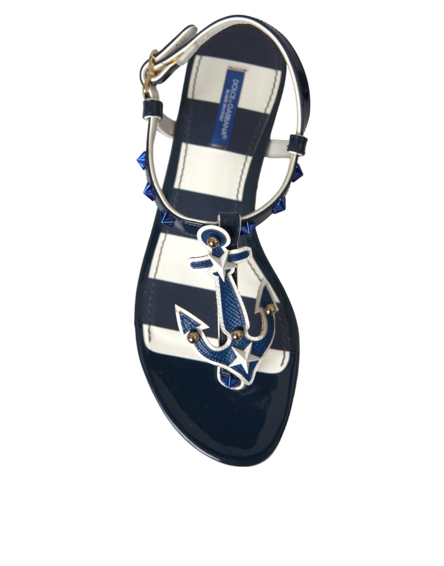 Blue Stripes Leather Studded Flats Sandals Shoes