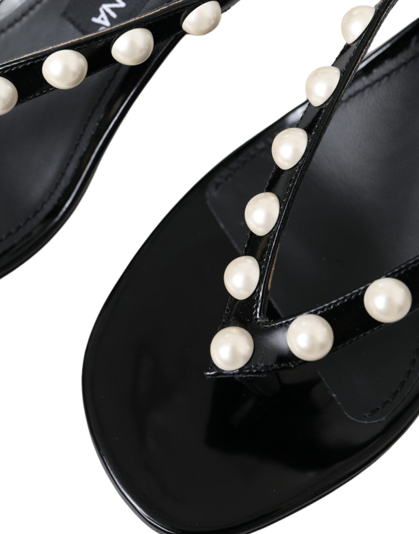 Black Leather Faux Pearl Heel Sandals Shoes