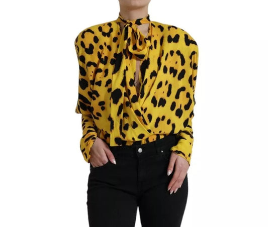 Yellow Leopard Print Long Sleeves Top Blouse