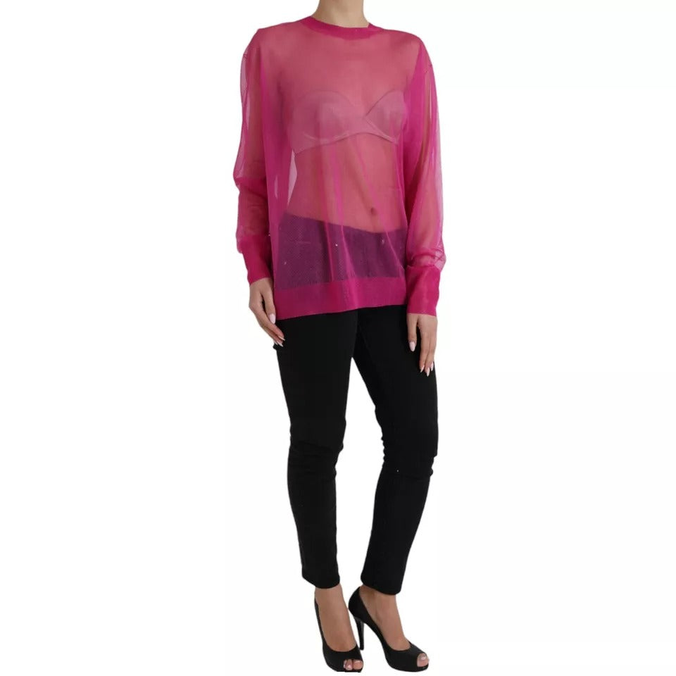 Pink Transparent Crewneck Long Sleeves Top