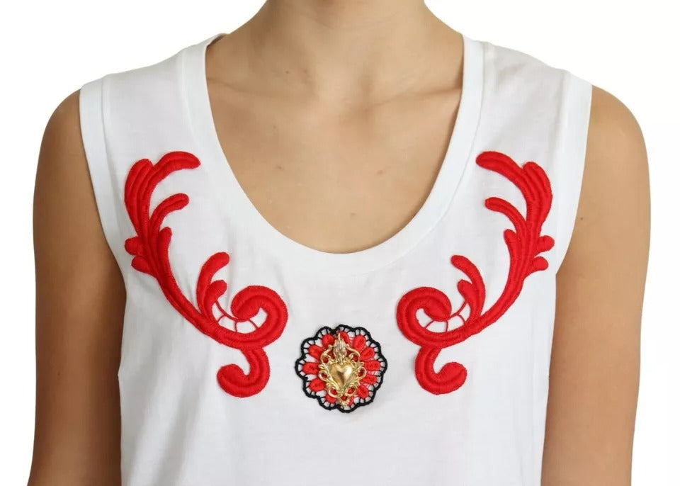 White Cotton Heart Applique Sleeveless Tank Top