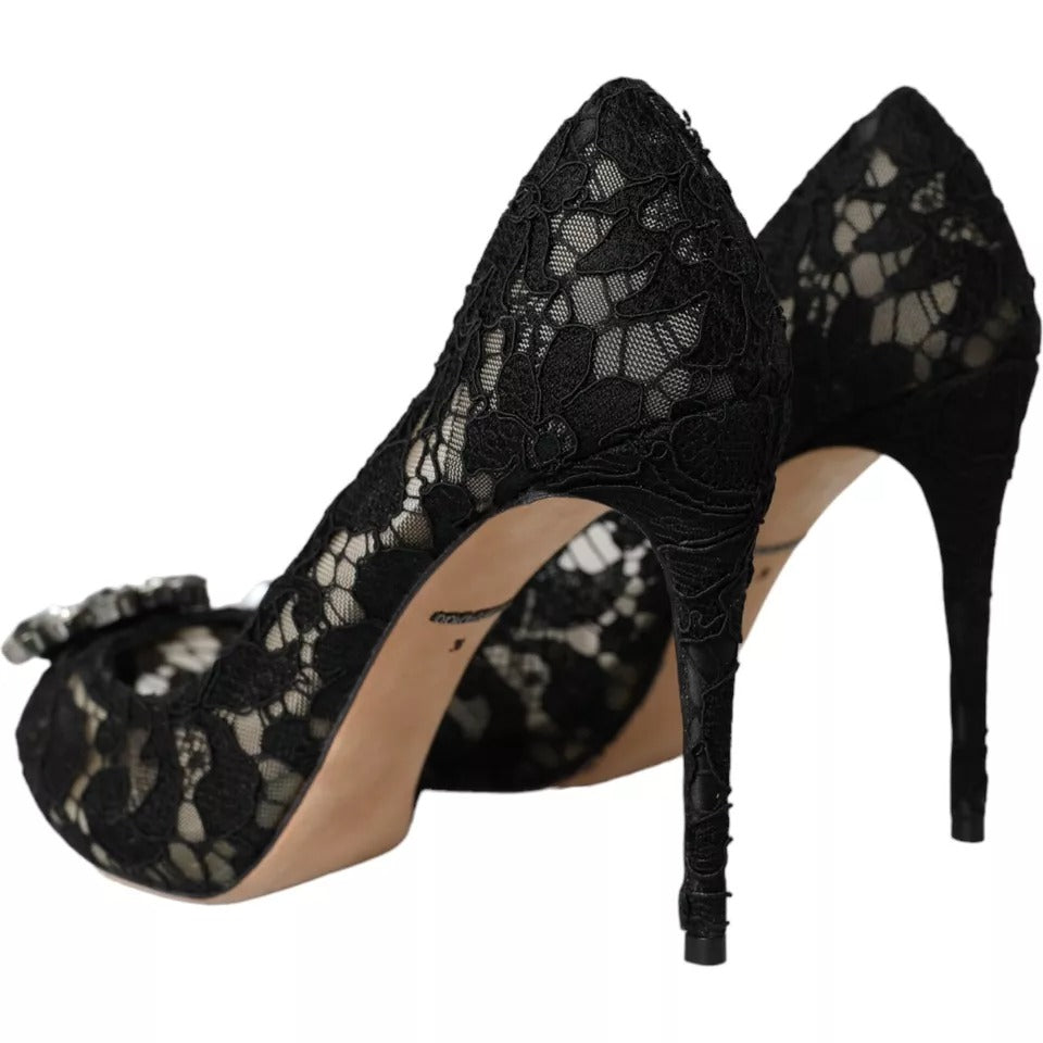 Black Taormina Lace Crystal Heel Pumps Shoes