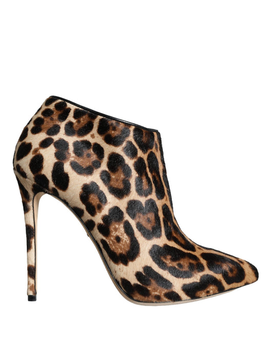 Brown Leopard Calf Fur Heels Ankle Boots Shoes