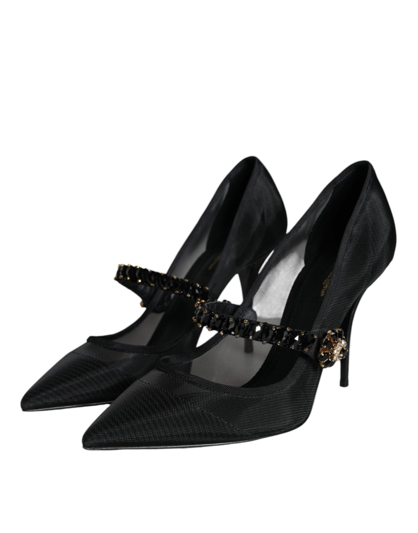 Black Mesh Mary Jane Crystal Heel Pumps Shoes