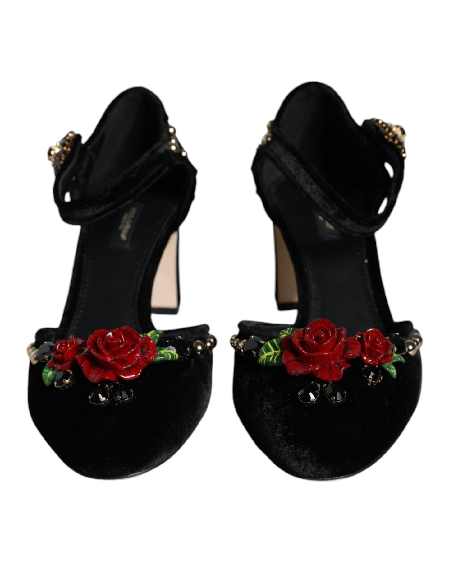 Black Velvet Roses Ankle Strap Pumps Shoes