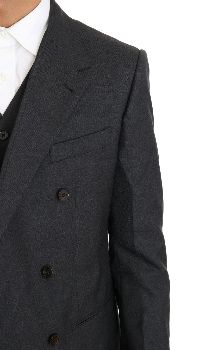 Elegant Gray Double Breasted Wool Silk Suit