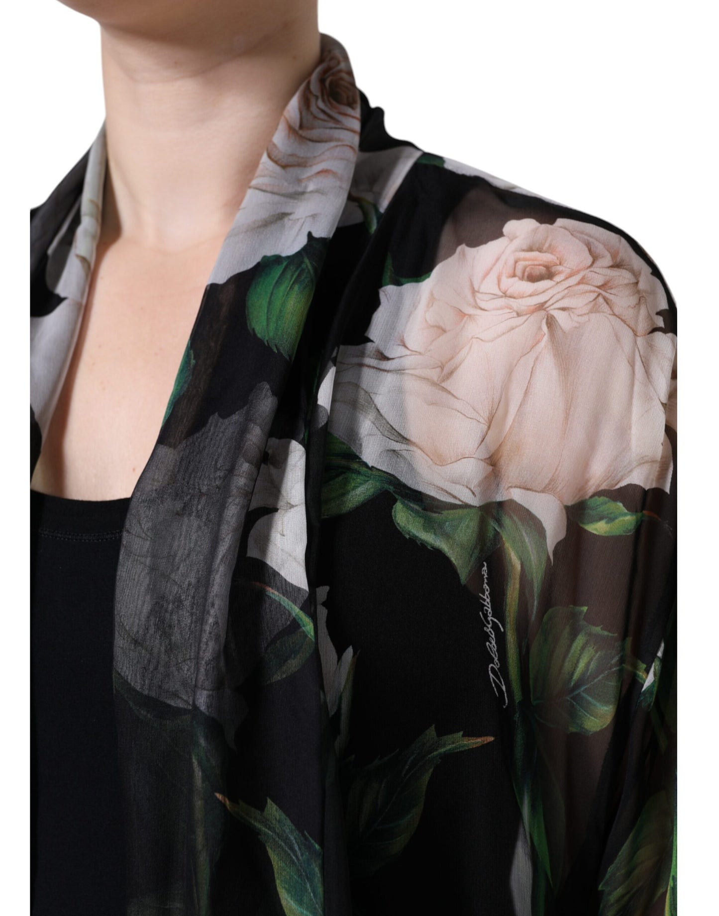 Black Floral Print Silk Cardigan Blouse Top