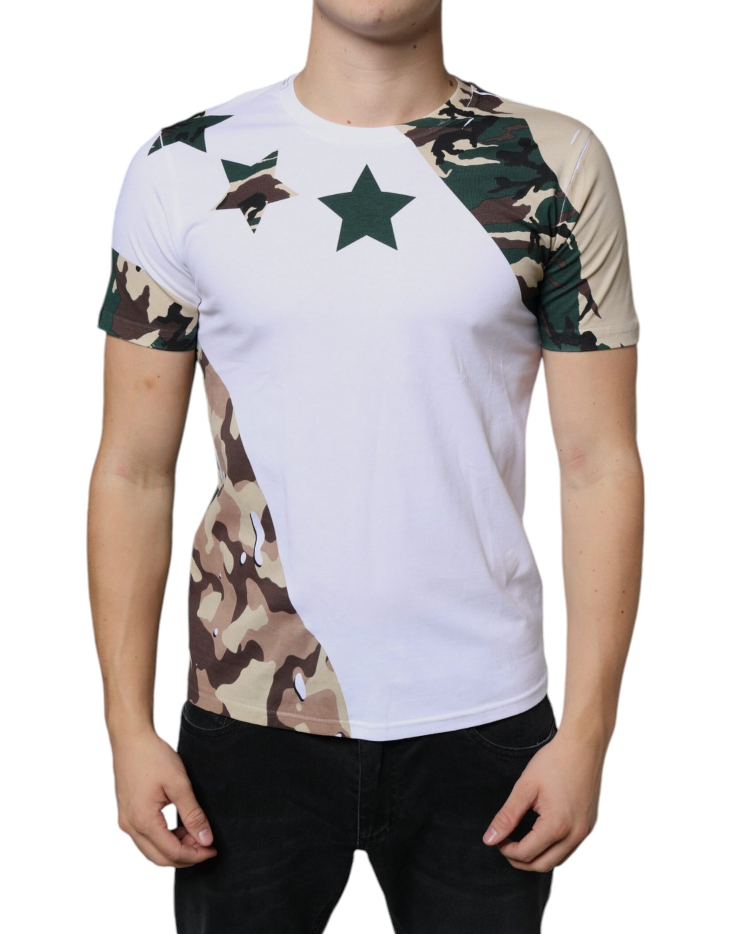 White Camouflage Stars Crew Neck T-shirt