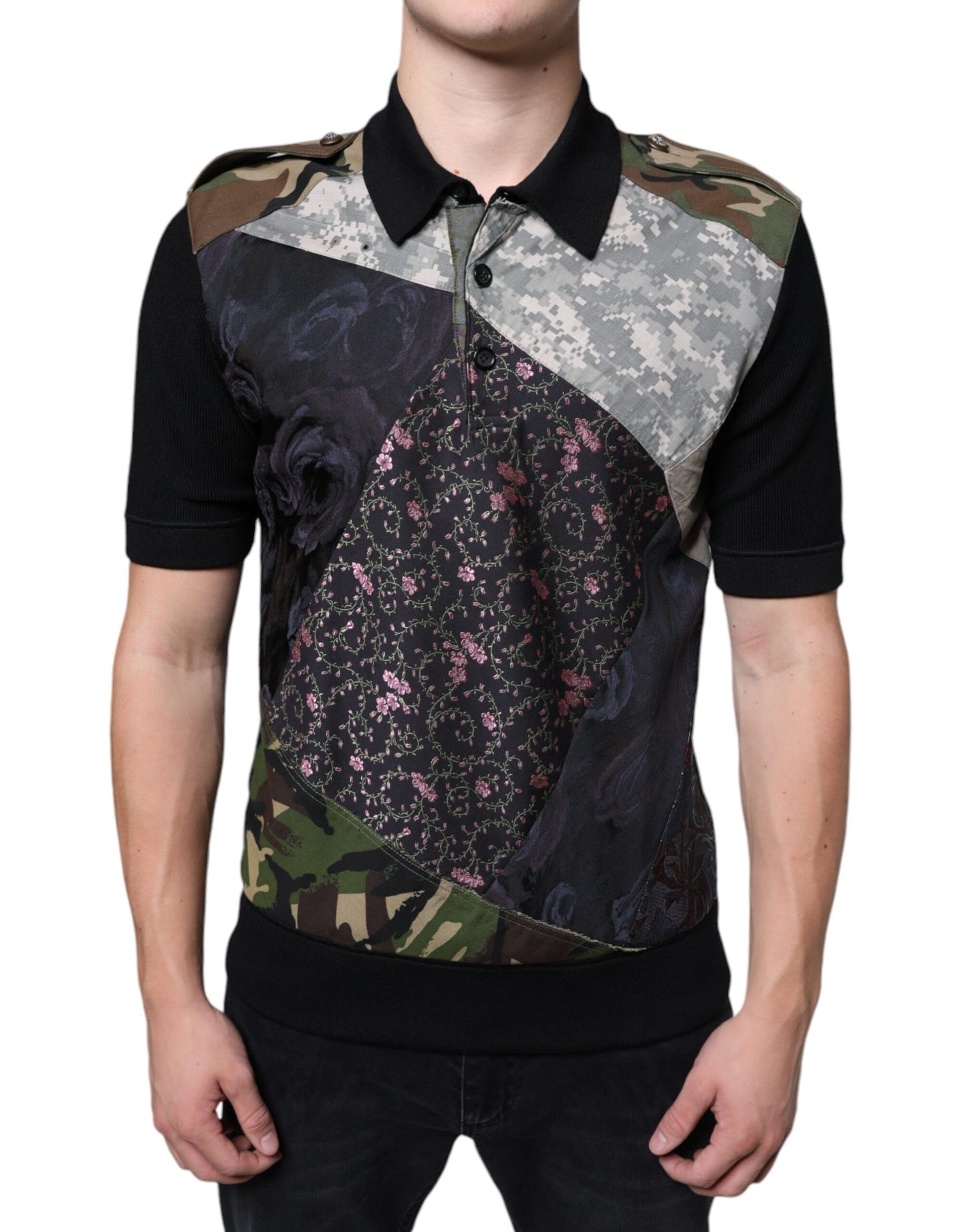 Multicolor Camouflage Patchwork Silk Polo T-shirt