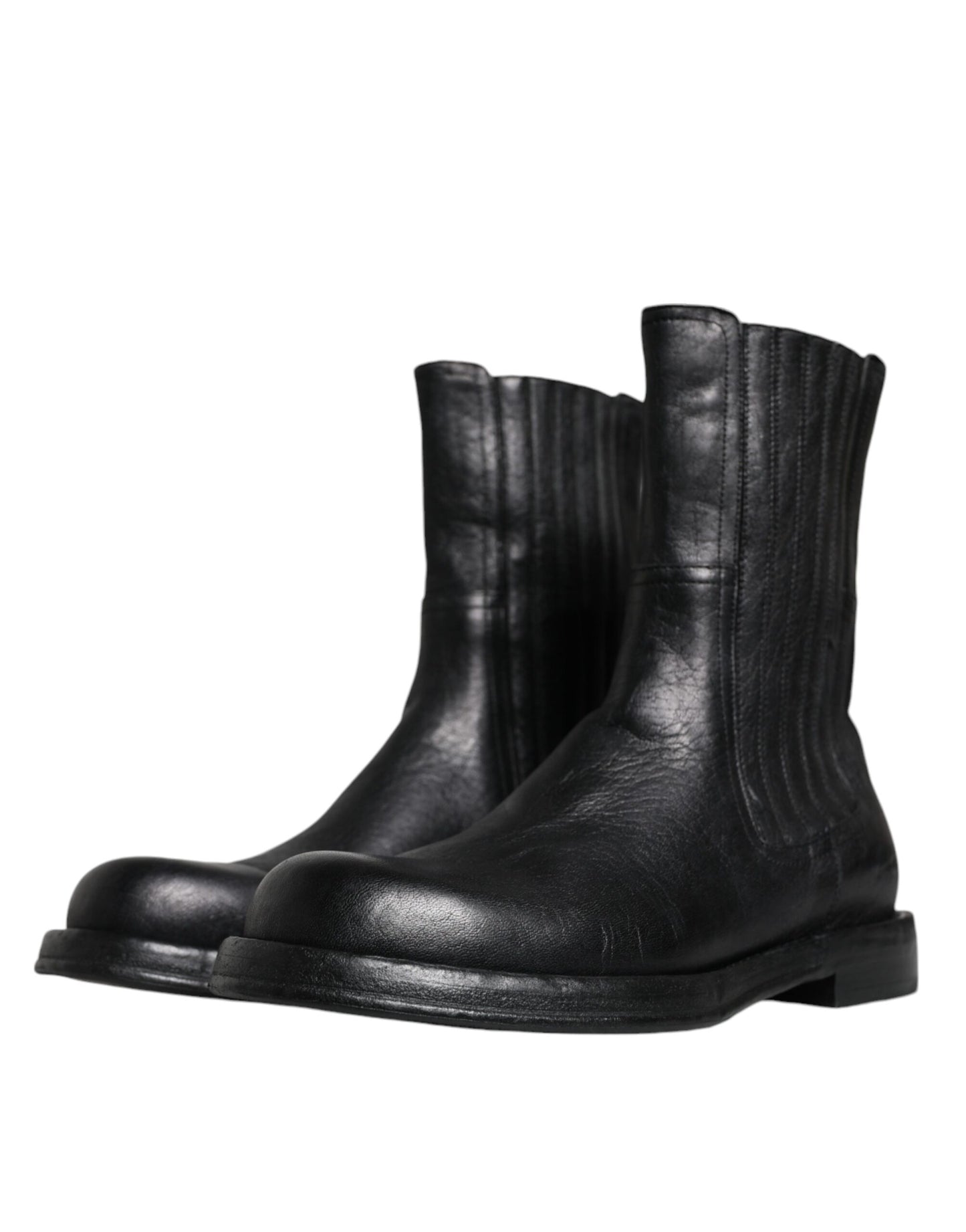 Black Horse Leather Mid Calf Boots Shoes