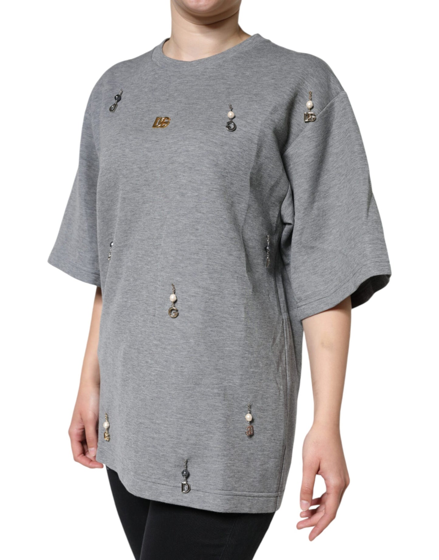 Gray Cotton Blend Embellished Tee T-shirt