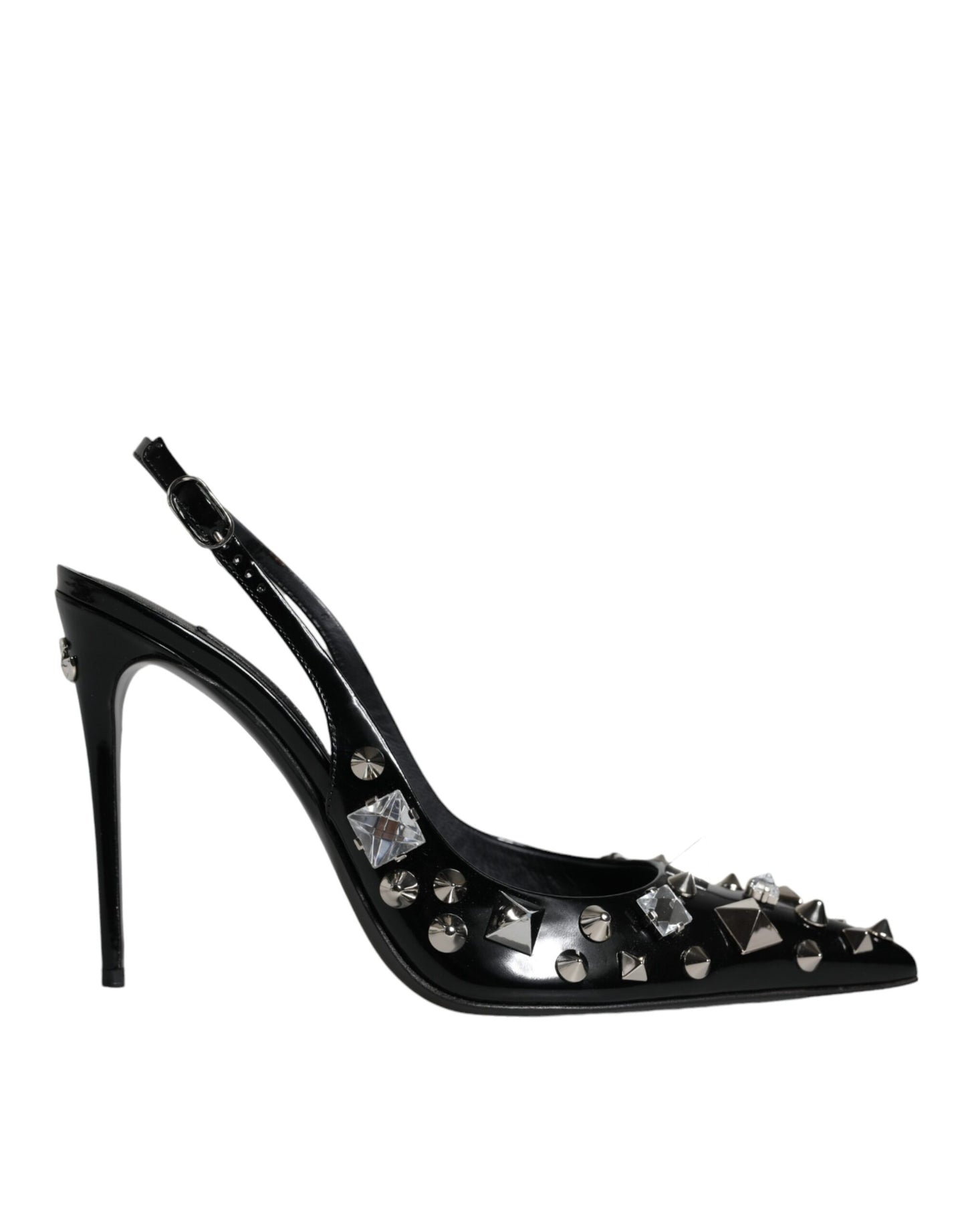 Black Leather Crystal Stud Slingback Shoes