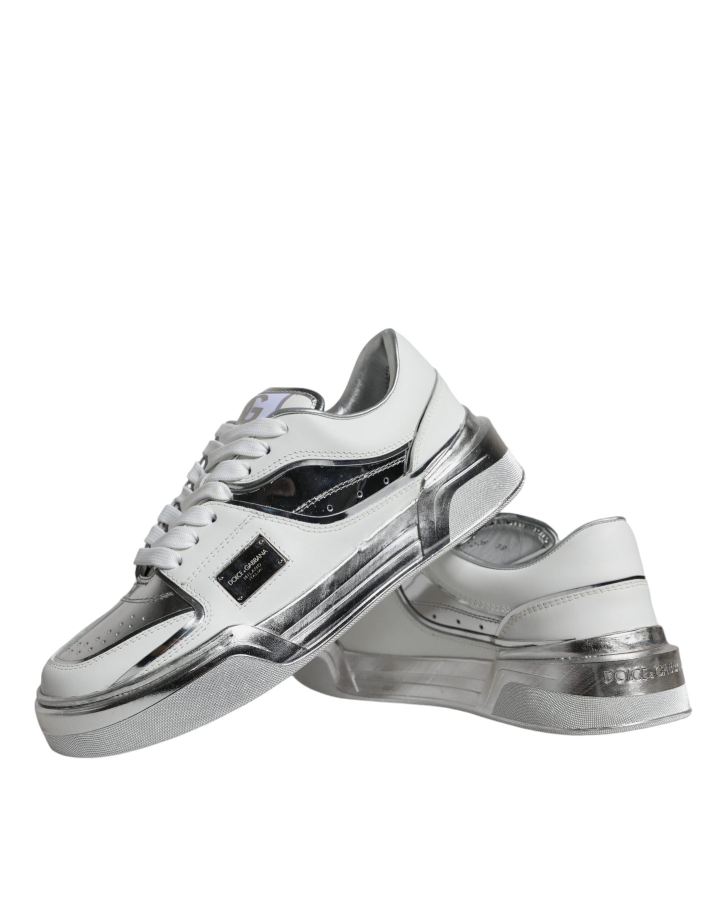 White Silver Leather Low Top Sneakers Shoes