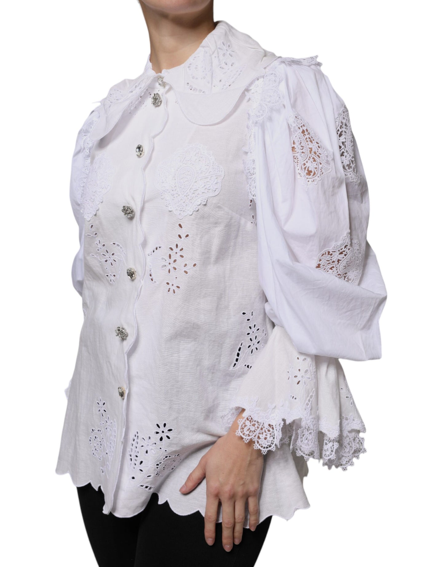 White Cotton Lace Trim Collared Blouse Top