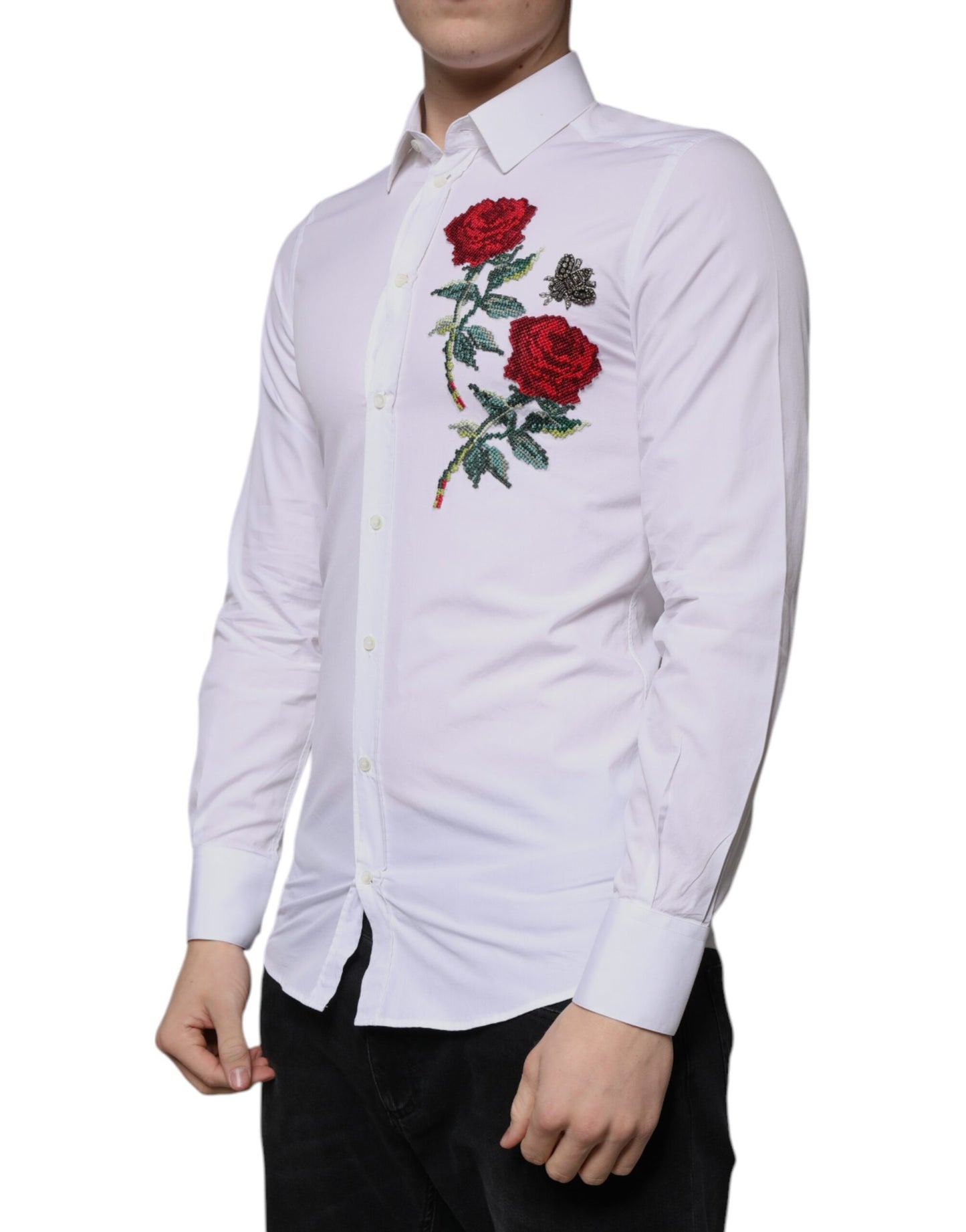 White Floral Embroidery GOLD Men Dress Shirt