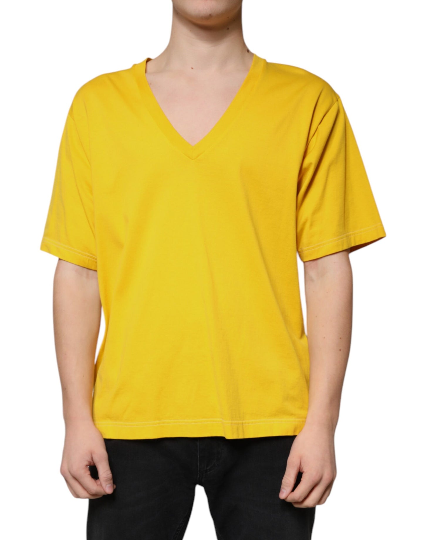 Yellow Cotton V-neck Short Sleeves T-shirt