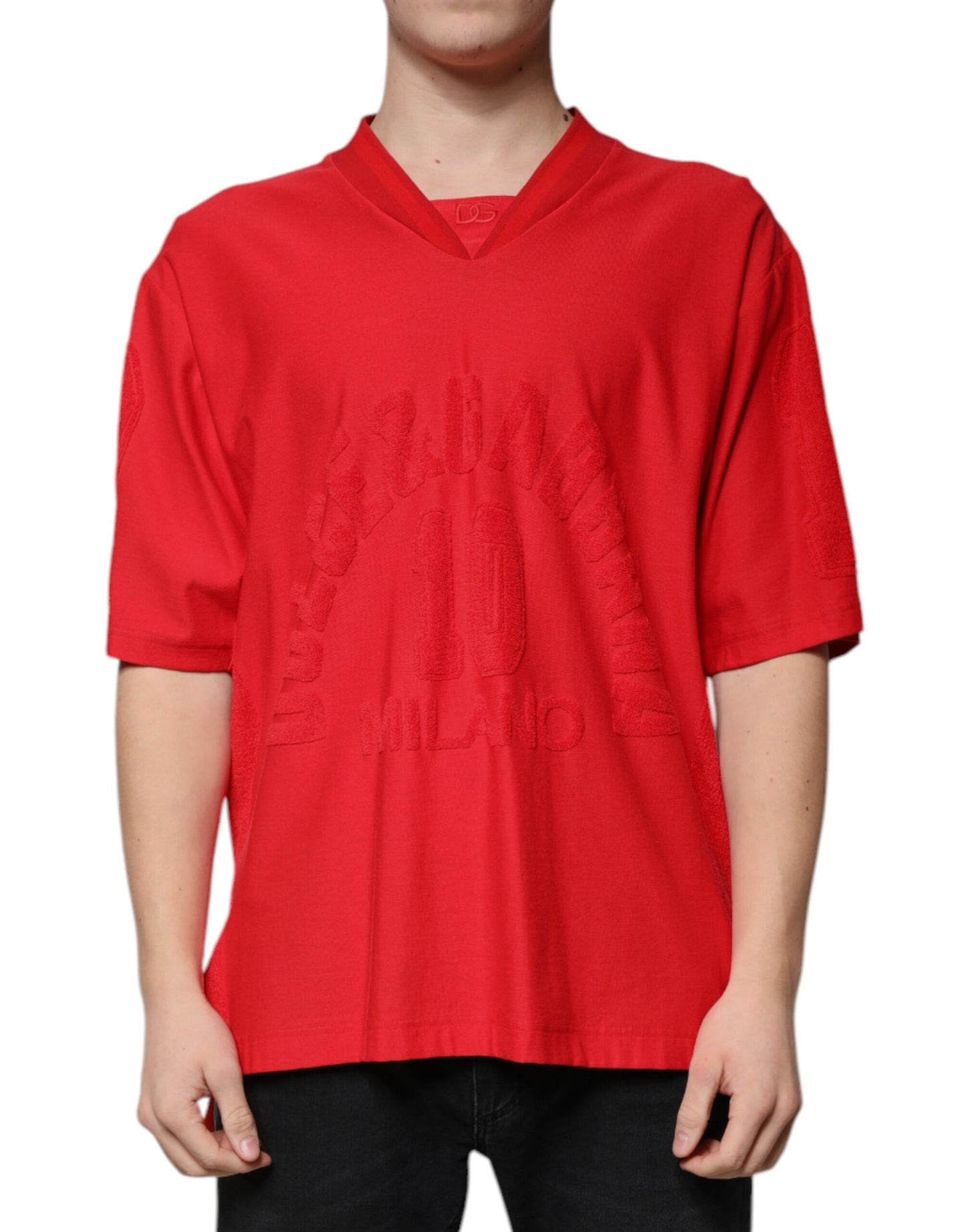 Red Cotton V-neck Short Sleeves T-shirt