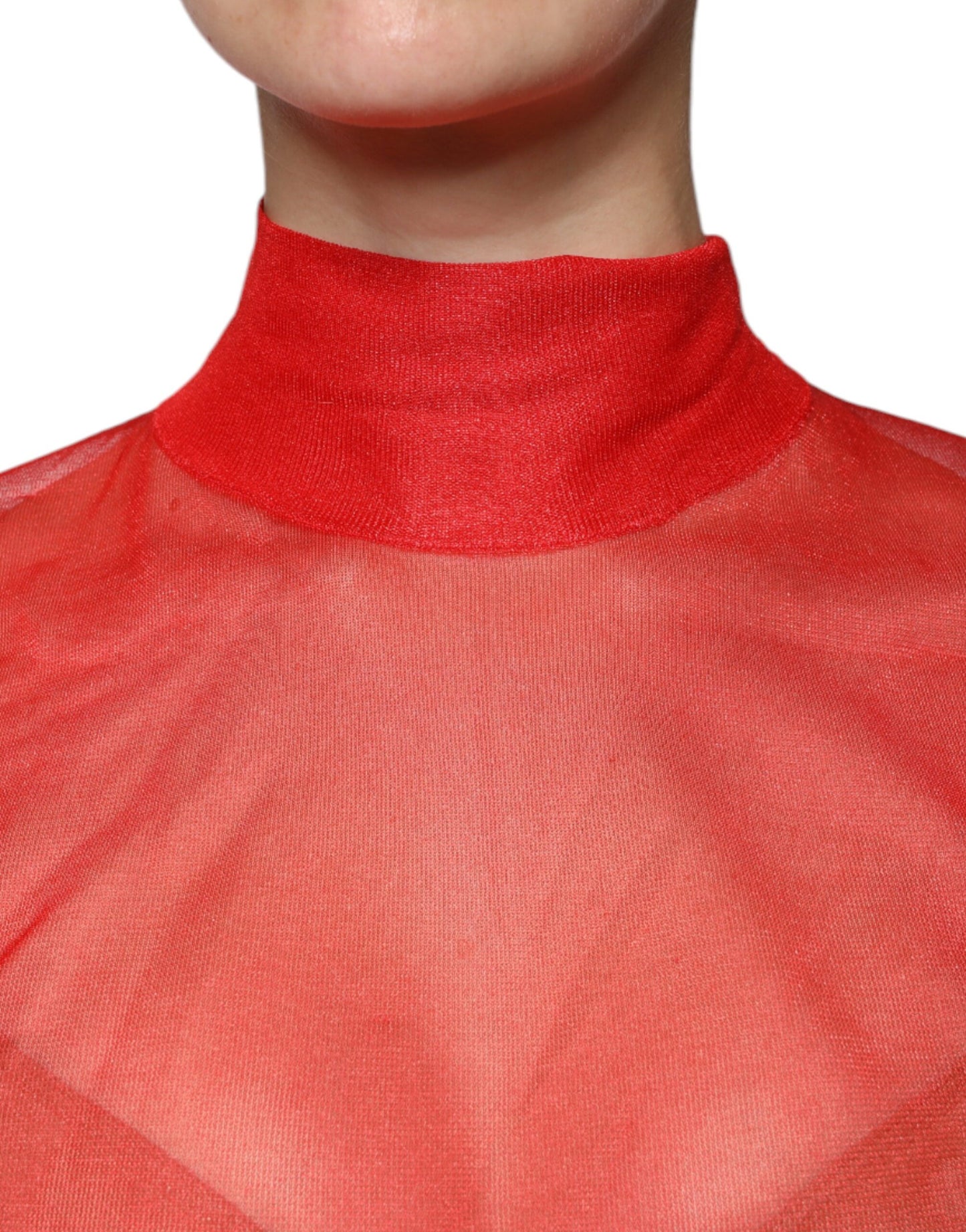 Red Mesh Turtleneck Long Sleeve Blouse Top